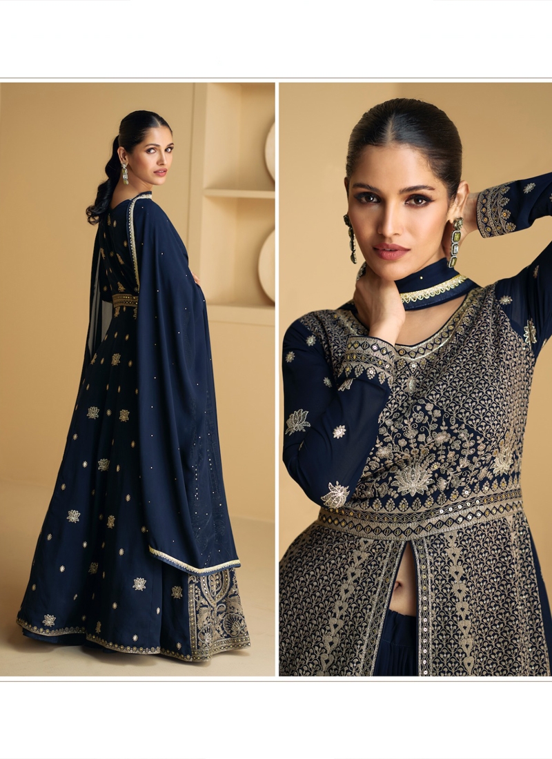 Designer Real Georgette skirt suit in Blue