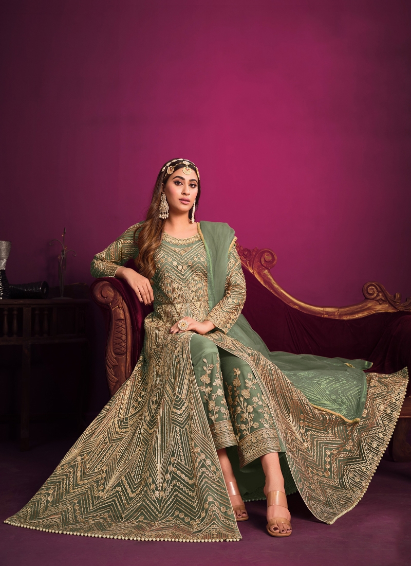 Designer Embroidered Gown in Sage