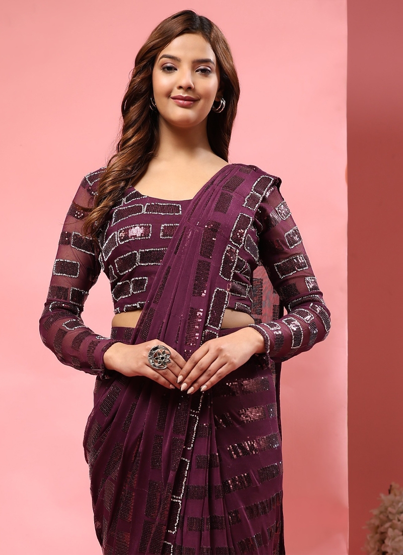 Soft Georgette Peding Fabric Sequence Saree in Purple