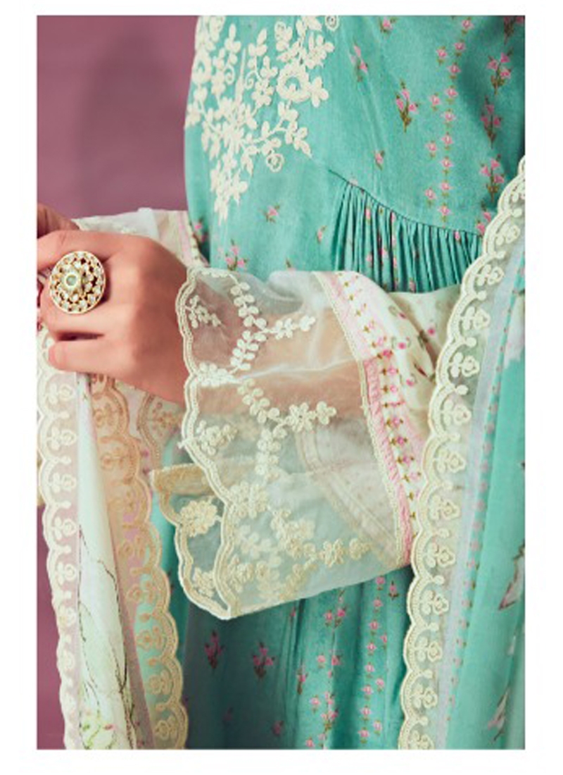 Digital Print Muslin Suit Set in Green