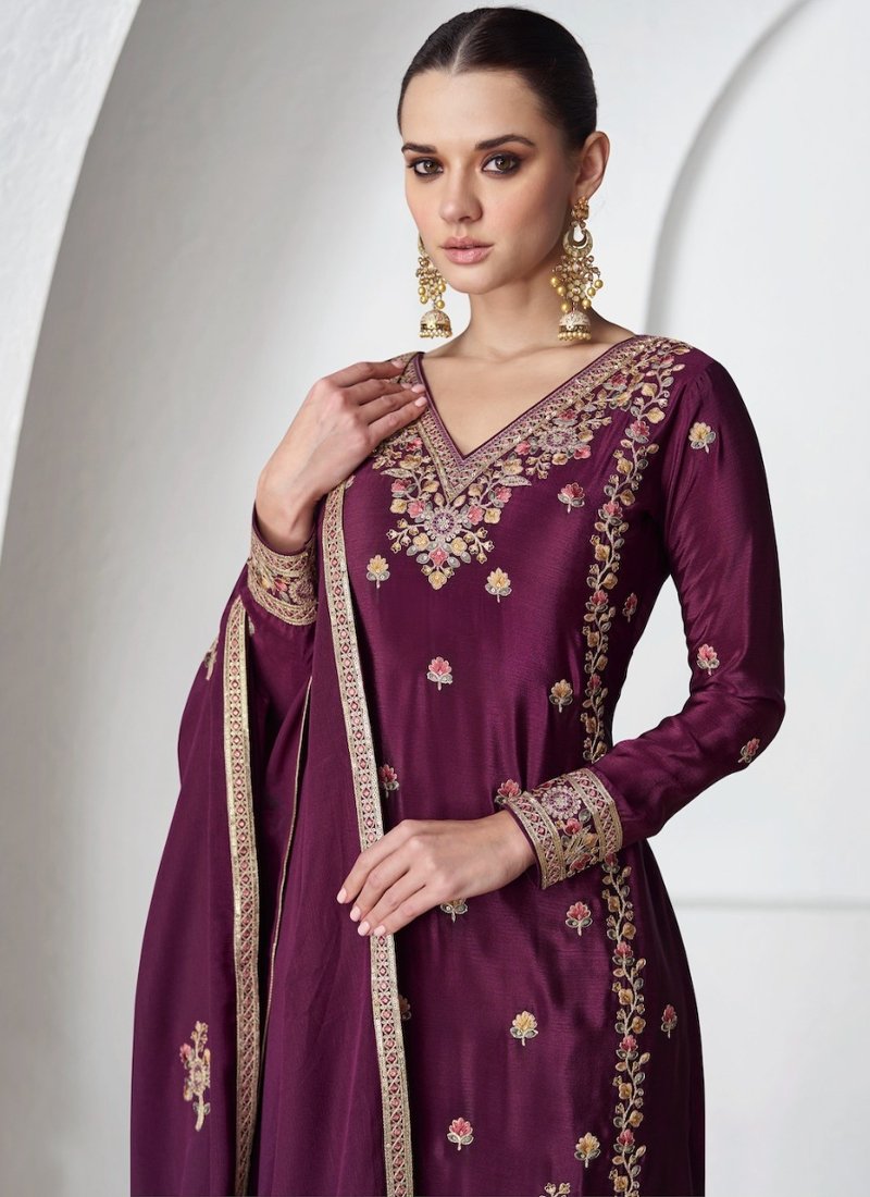 Premium Chinon silk Palazzo suit set in Purple