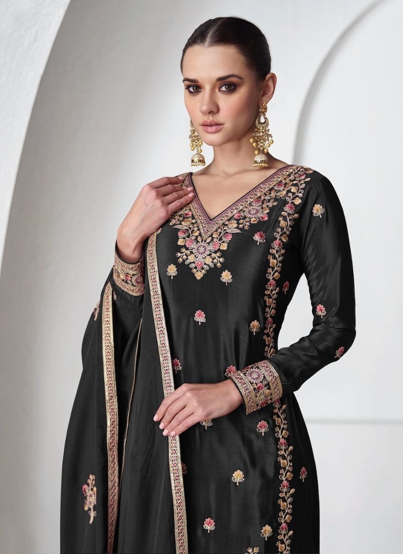 Premium Chinon silk Palazzo suit set in Black