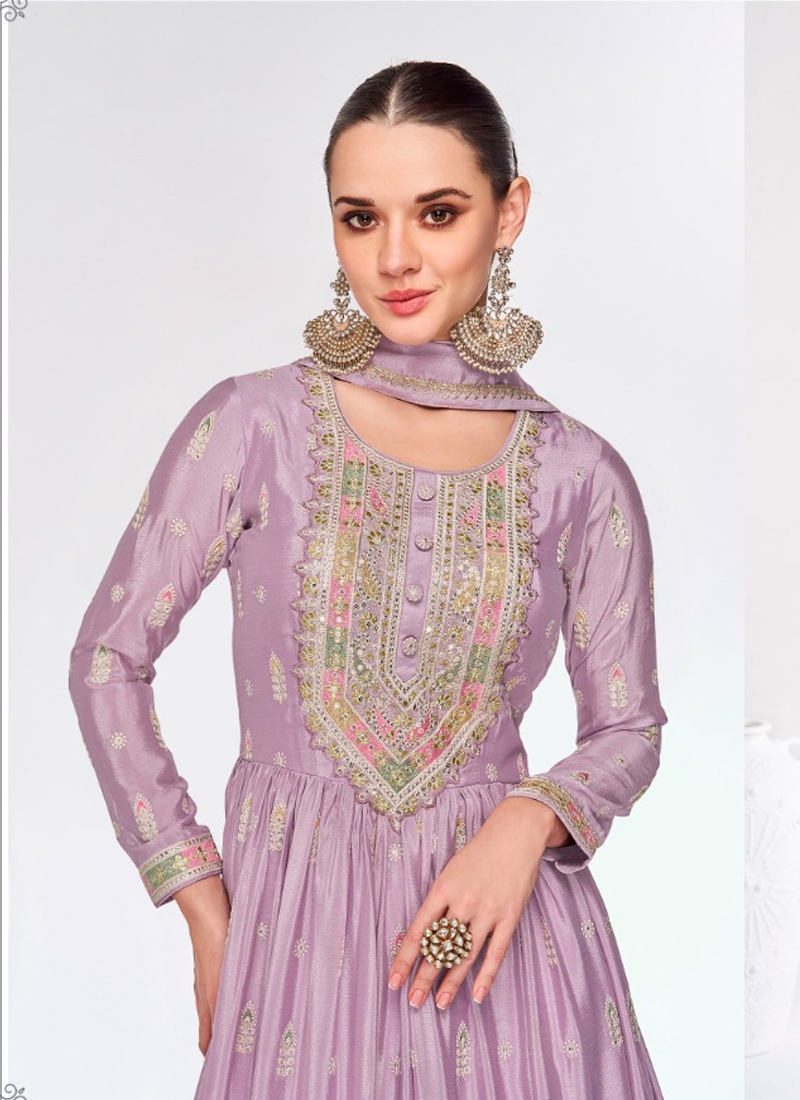 Pure Chinon Anarkali Suit in Lavender