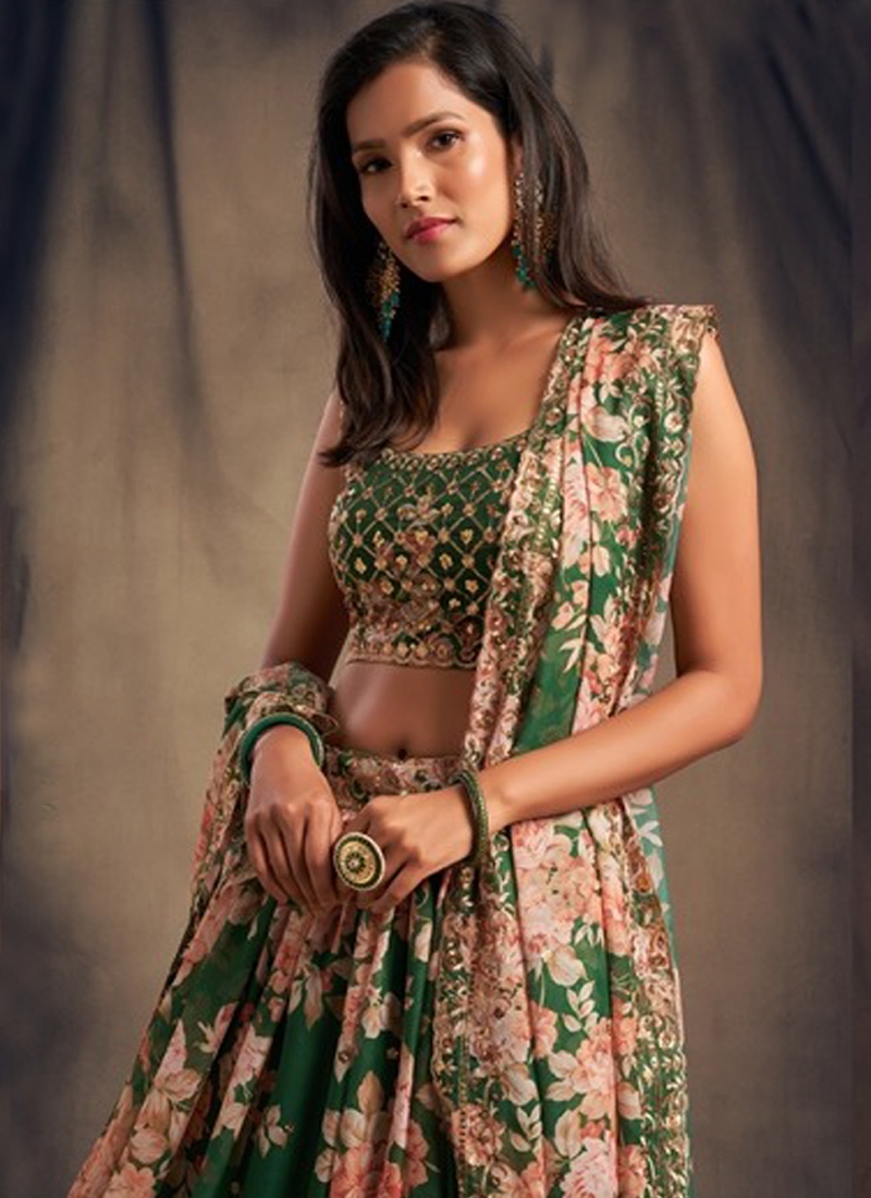 Ethinic Organza Lehenga in Green