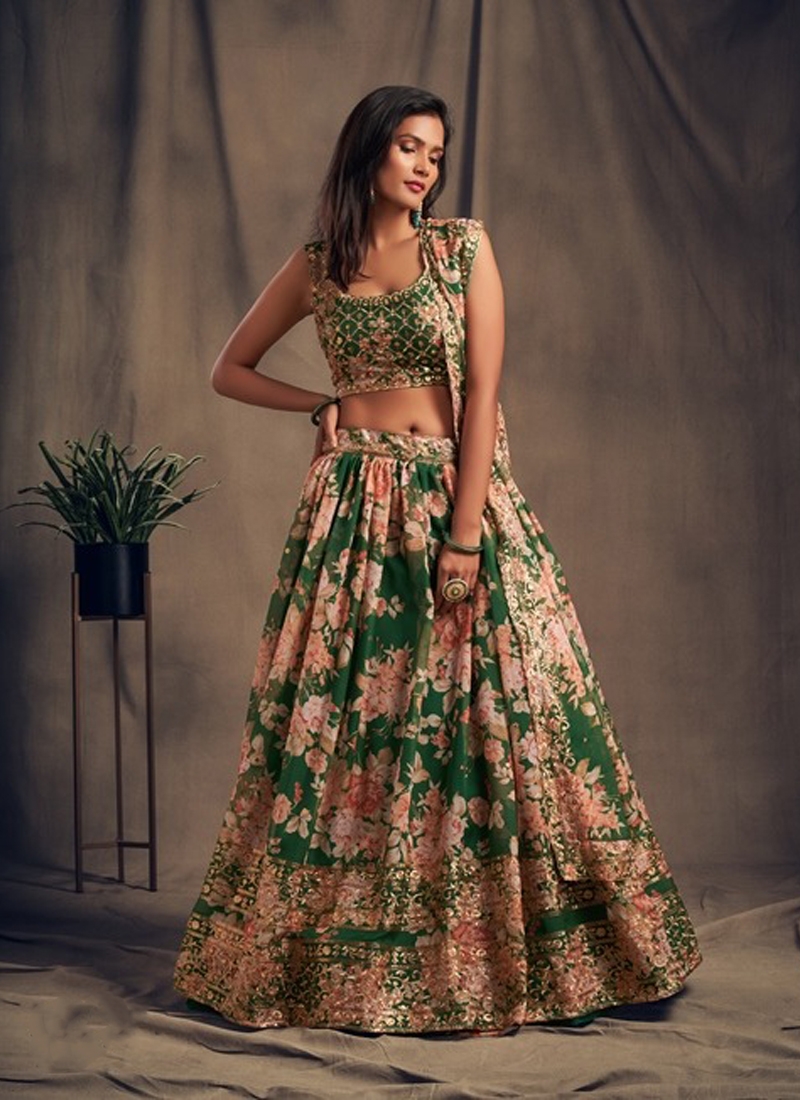 Ethinic Organza Lehenga in Green