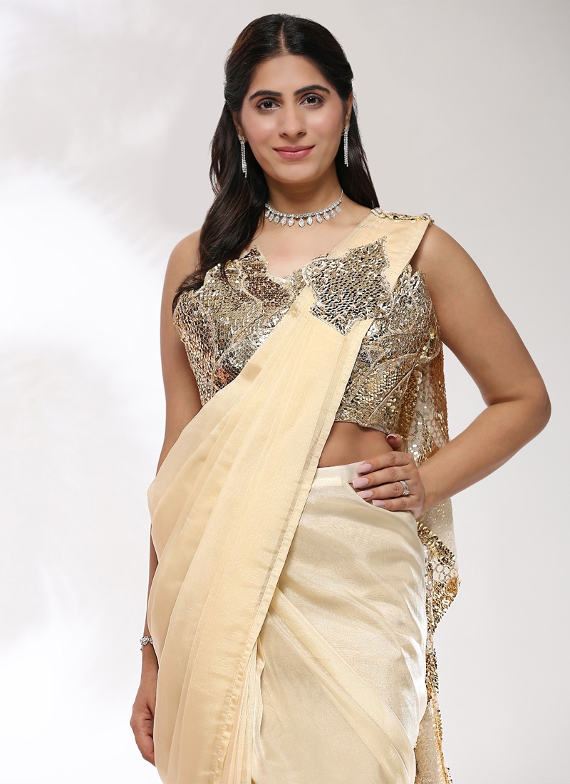 Fancy Partywear readymade saree in Cream