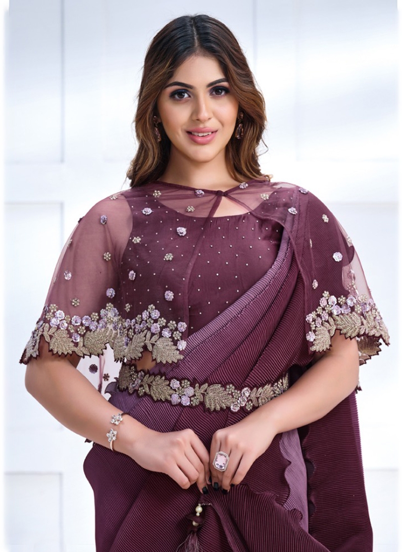 Designer partywear Crepe Satin Silk Saree in Purple