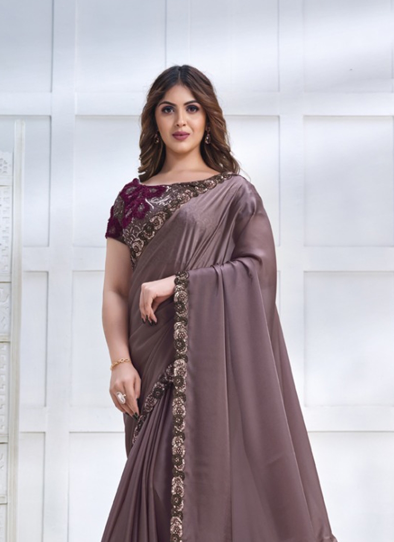 Designer partywear Crepe Satin Silk Saree in Light Purple