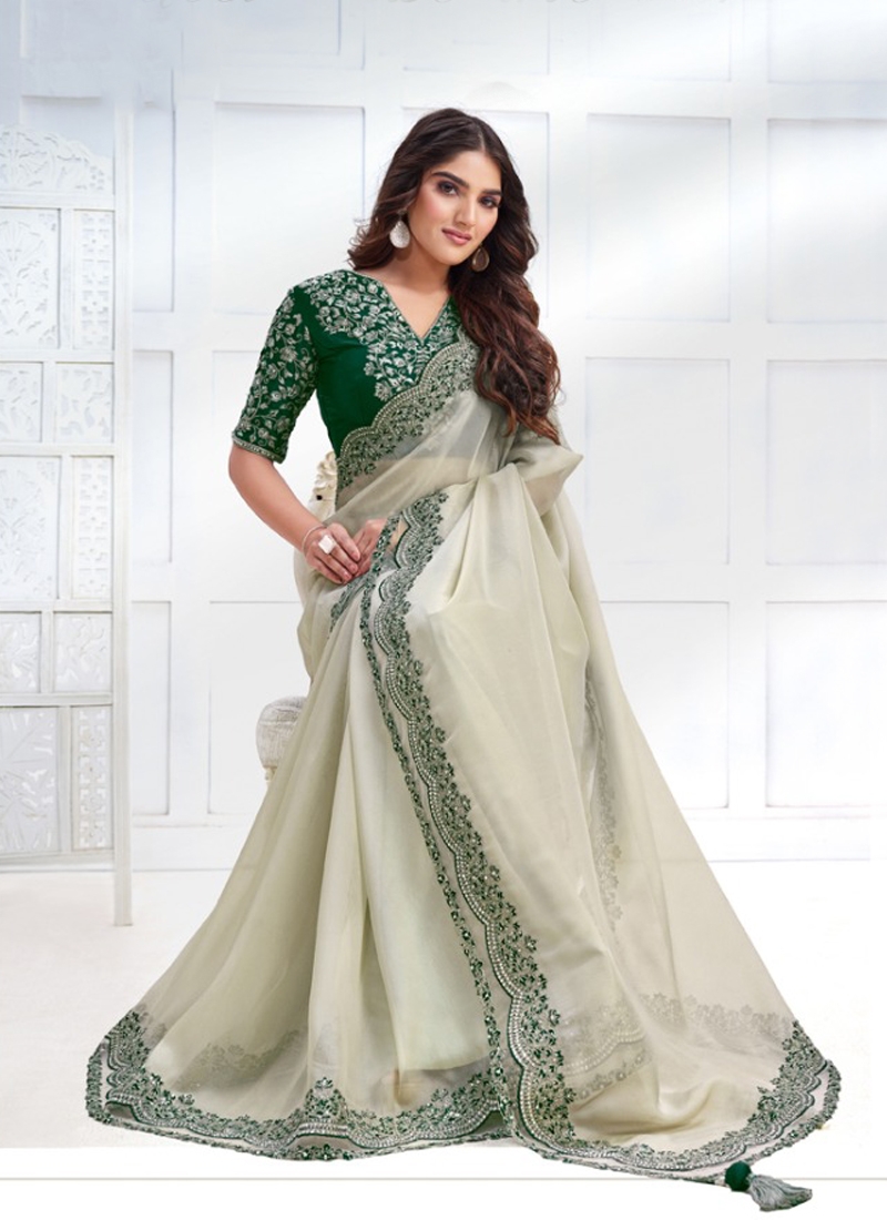 Designer partywear Organza Georgette Saree in Pastel Grey