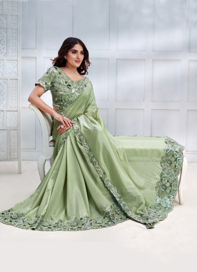 Designer partywear Tusser Silk Saree in sage