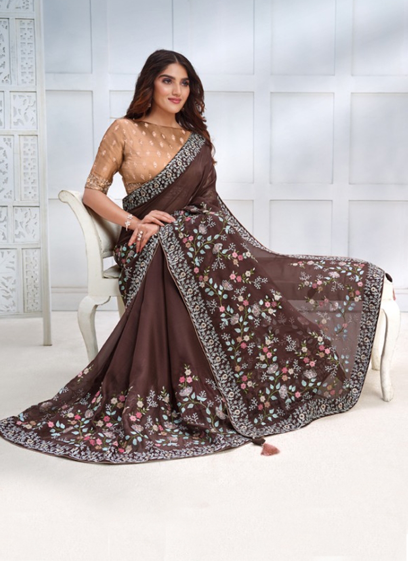 Designer Partywear Georgette Silk Saree in Brown