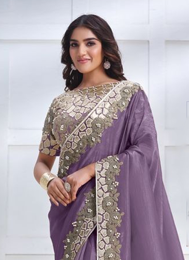 Designer Partywear Banarsi Crush Silk Saree in light Purple