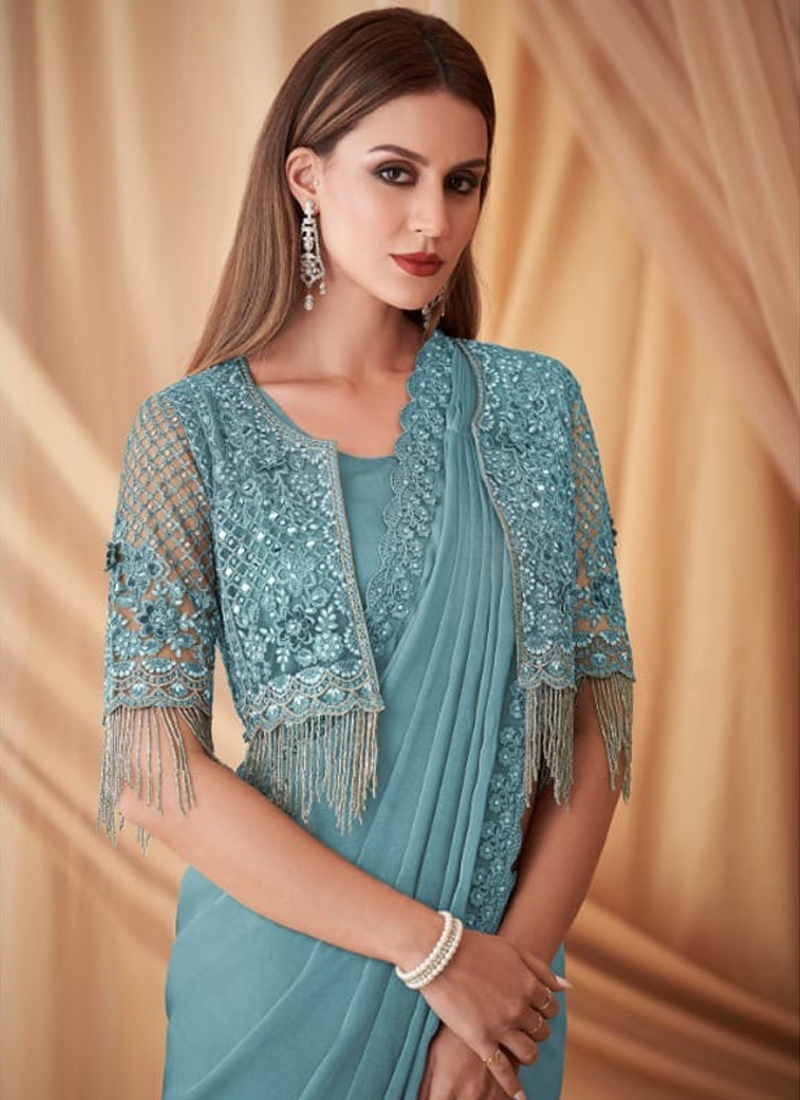 Mirror Embroidered Saree With Shrug in Light Blue