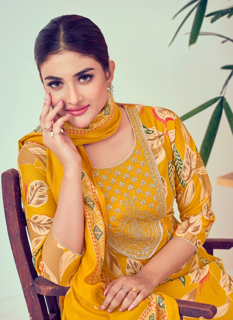 Fancy Modal Silk Readymade 3 Piece Design Suit in Yellow