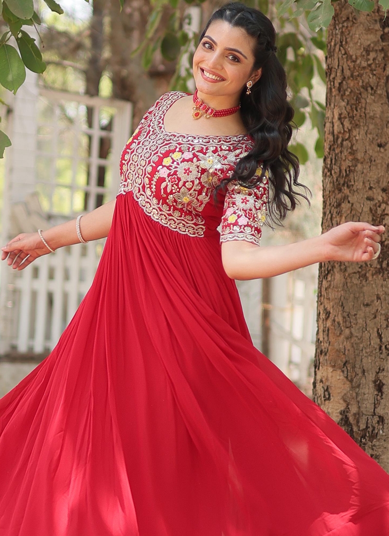 Wedding wear zari thread work gown in Red