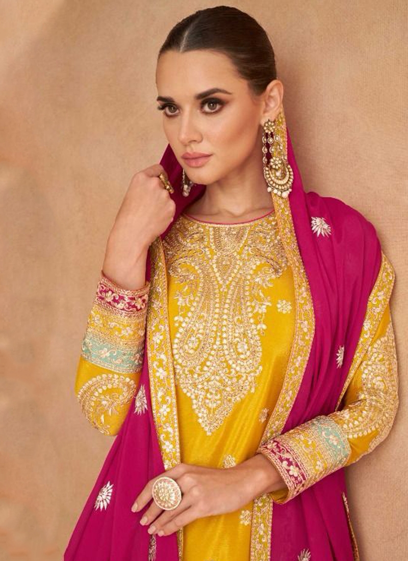 Designer suit plazo set with dupatta in Yellow