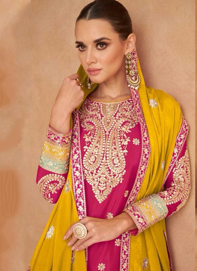 Designer suit plazo set with dupatta in Rani Pink