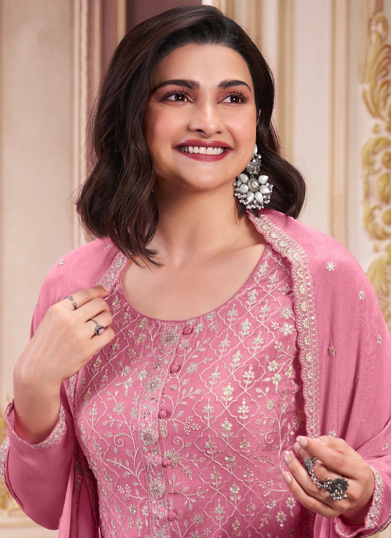 Chinon Embroidered Trendy Kurta Pant Set in Pink