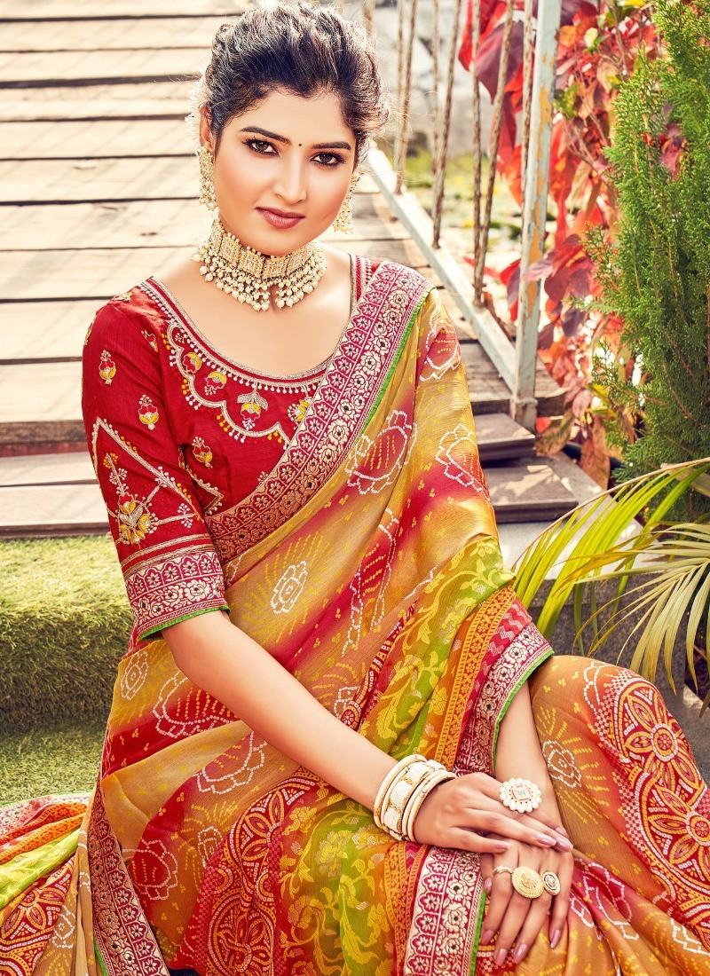 Women's traditional chiffon saree in Yellow