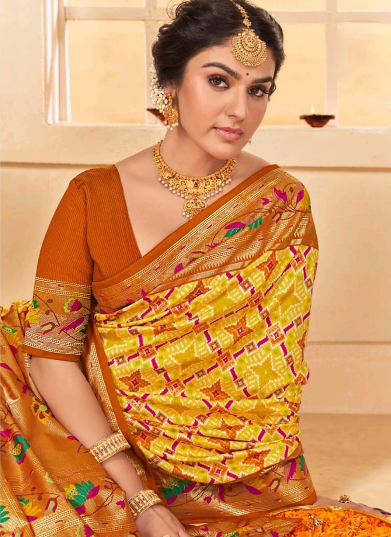 Indian classical silk saree with foil Print in Yellow