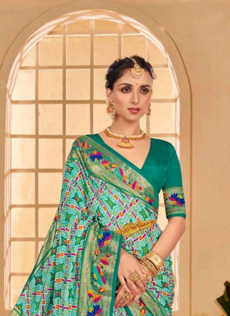 Indian classical silk saree with foil print in Dark Green