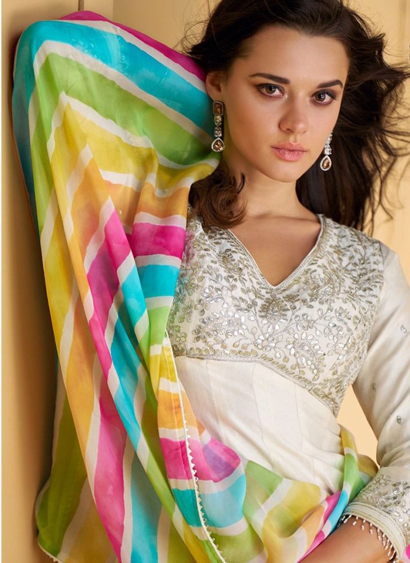 Designer and beautiful readymade silk dress in white