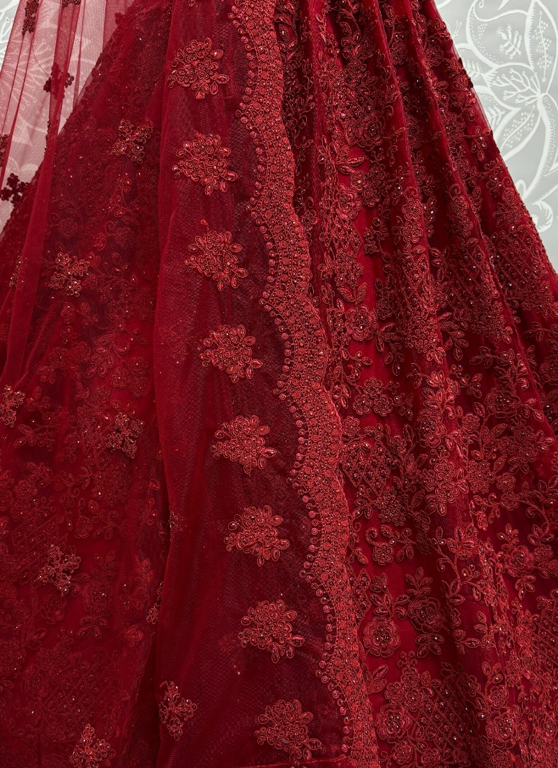 Emboidered soft net lehenga with floral print in Maroon