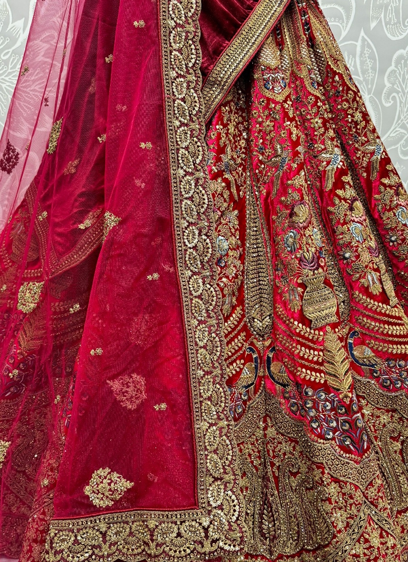 Designer soft velvet bridal lehenga with mirror work in Red