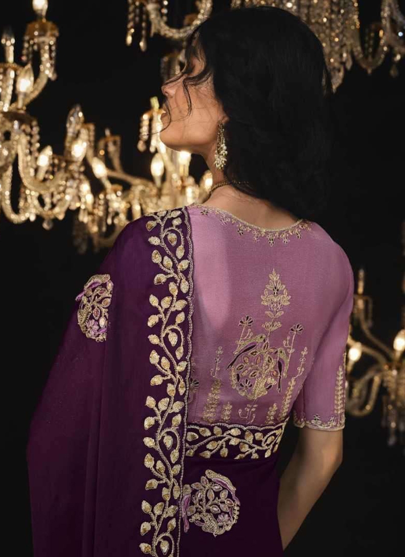 Pure silk saree with sequin, stone and zarkan work in Dark Purple