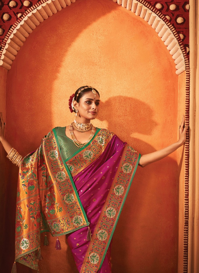 Banarasi silk saree with copper zari in Purple