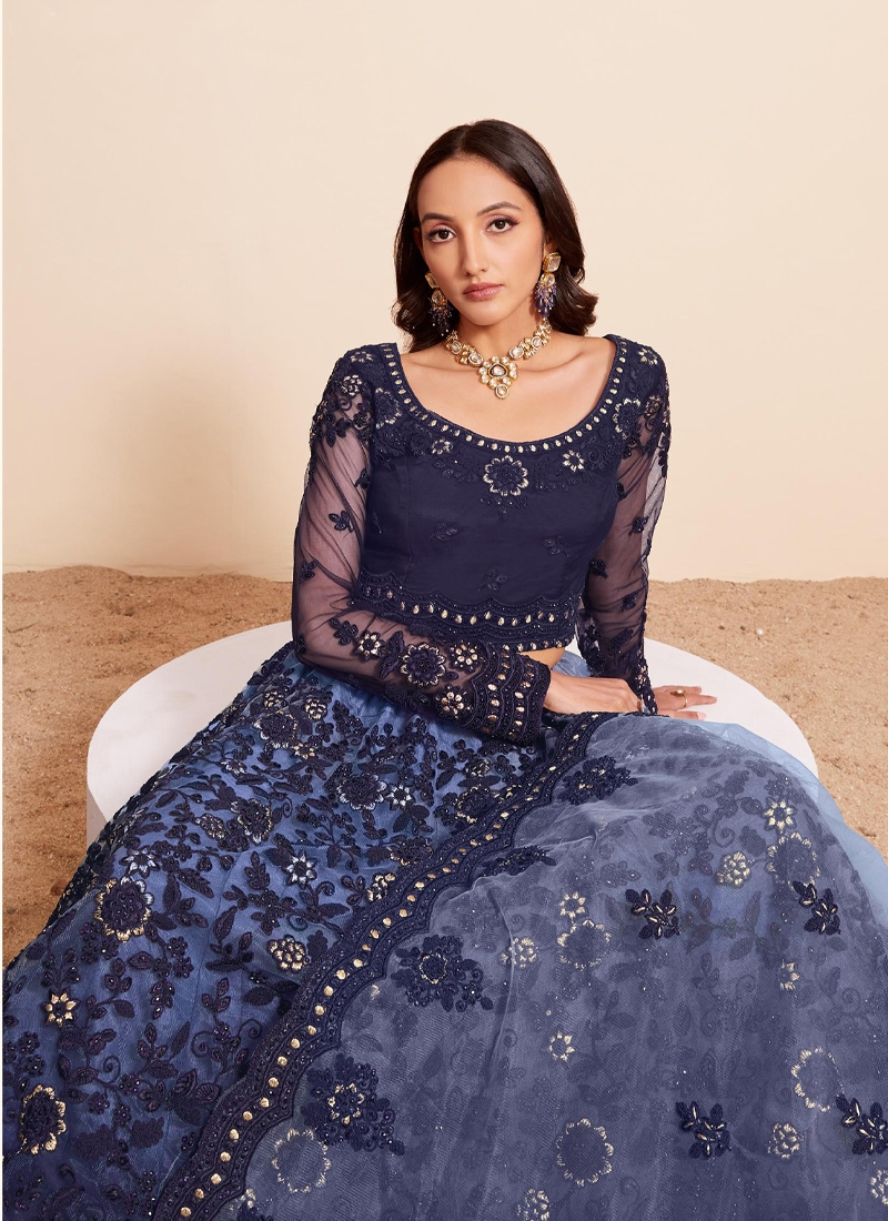 Designer net lehenga with heavy embroidery in navy blue