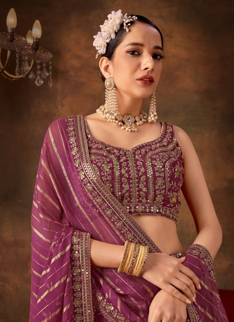 Embroiderd georgette lehenga choli with heavy thread work in dark purple