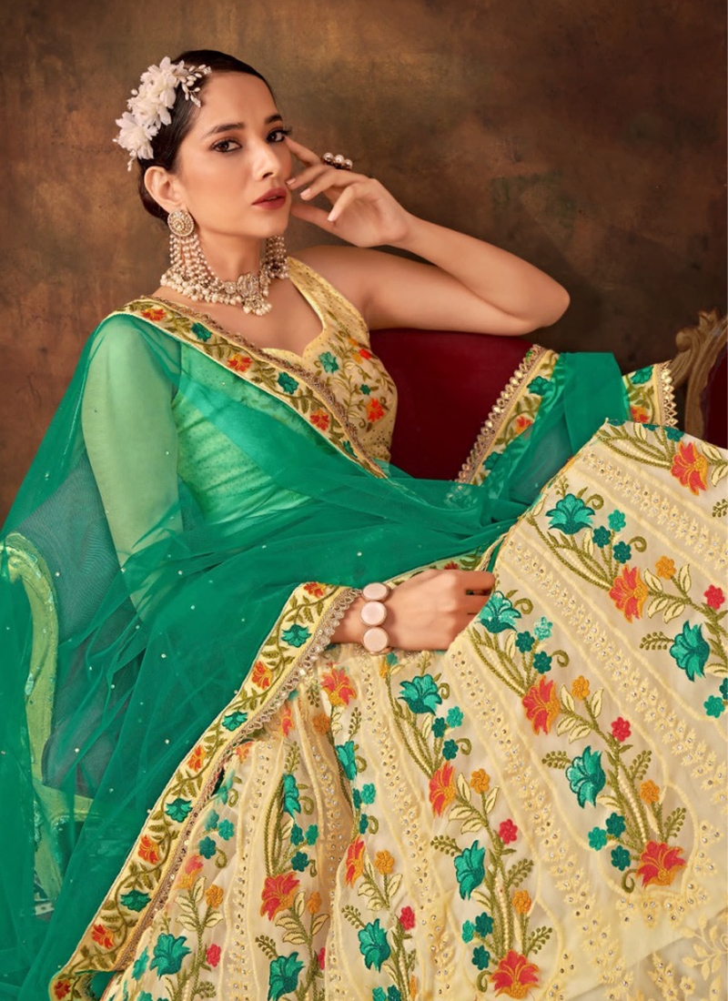 Floral printed lehenga with soft net dupatta in green