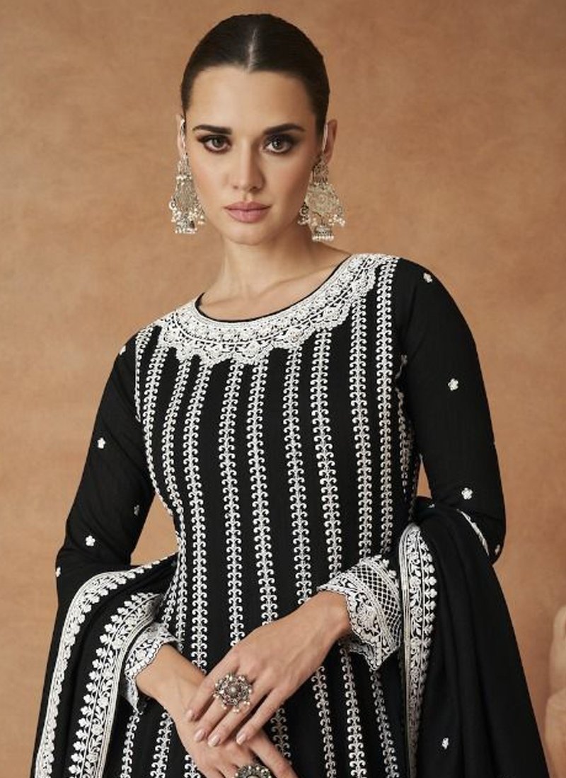 Designer chinon sharara set with hand embroidery in Black