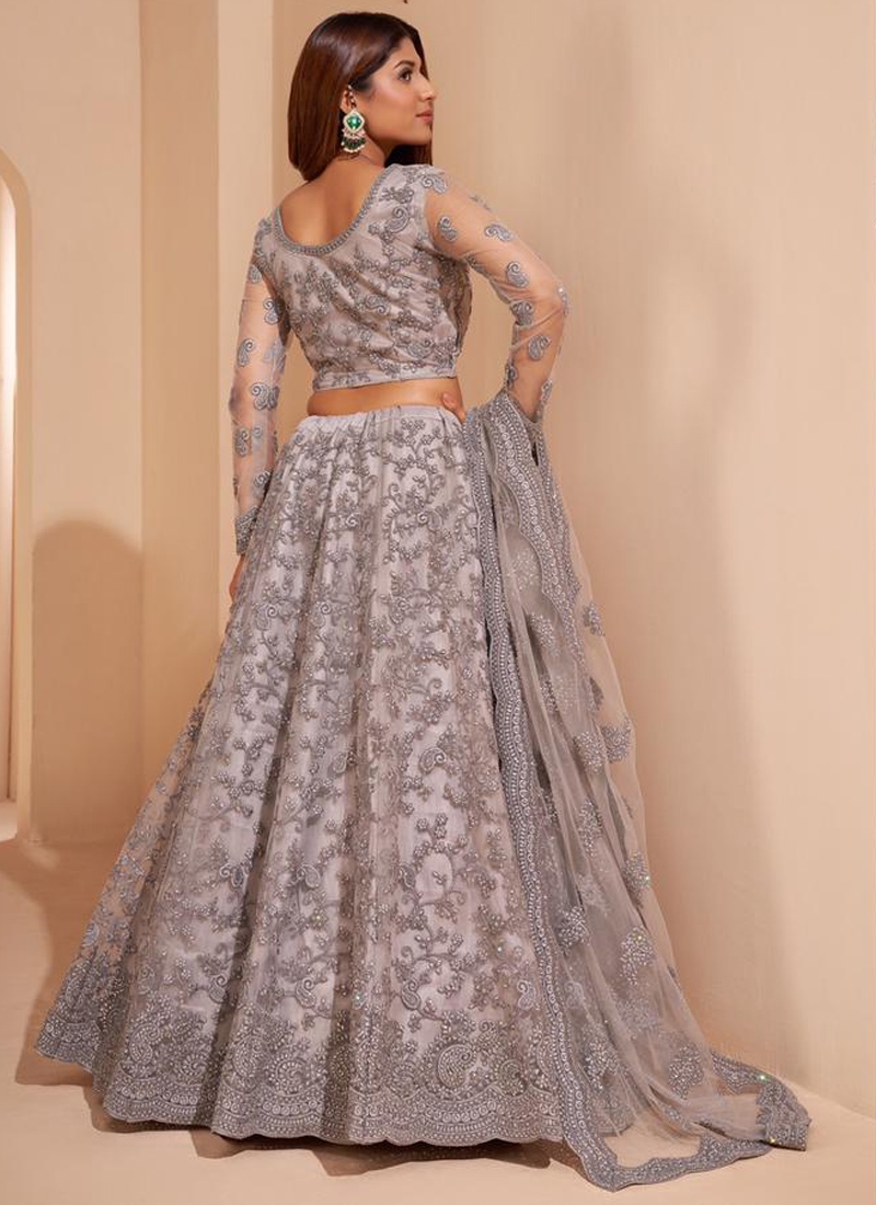 Sequins embroiderd acrylic net lehenga choli in Grey