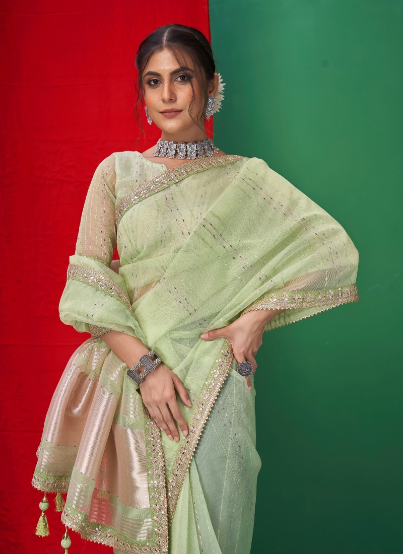 Traditional gotta patti saree with beautiful embroidery in Green