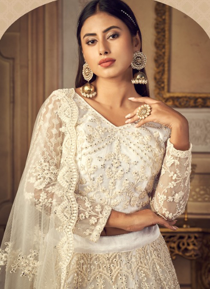 Thread embroidery cording with stone work lehenga choli in white