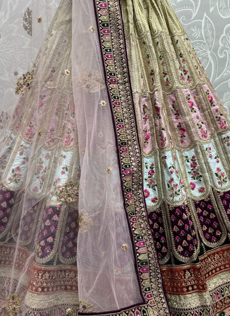 Soft net lehenga with colorful patches and thread embroidery in dark purple