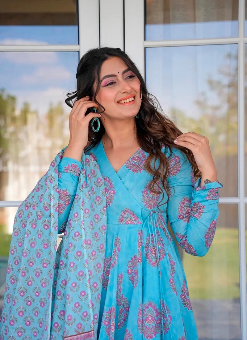 Pure muslin anarkali suit with heavy digital prints in sky blue