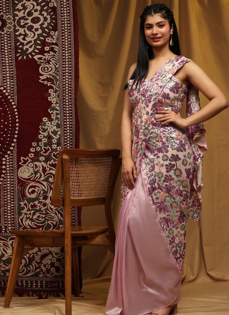 Designer 3d floral embroidered saree in pink