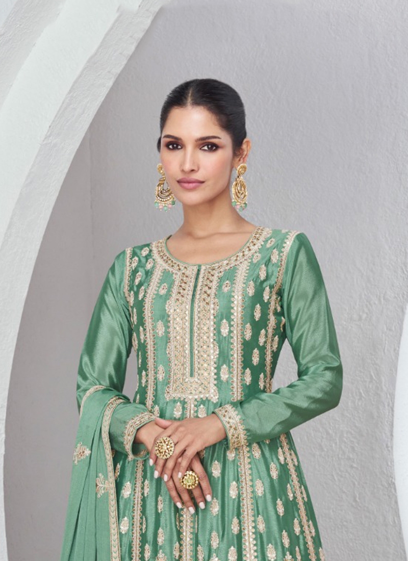 Trendy kurta palazzo set with pearl embroidery in green