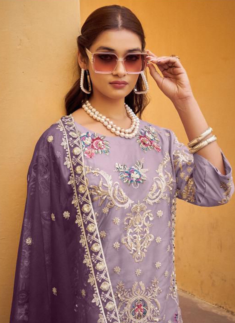 Trendy georgette plazzo set with floral embroidery in light purple