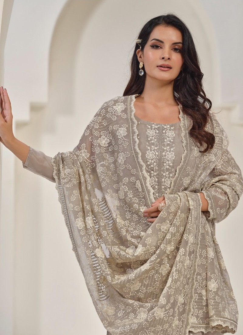 Gorgeous pant suit set with heavy embroidery in grey