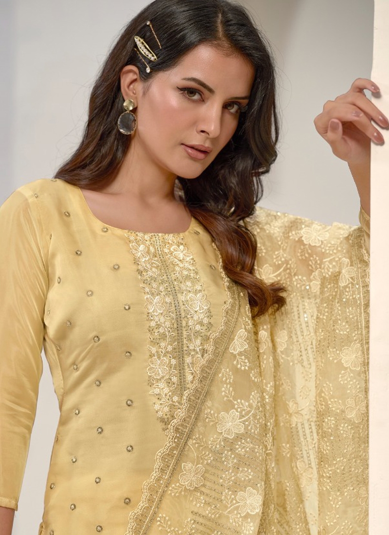 Gorgeous pant suit set with heavy embroidery in yellow