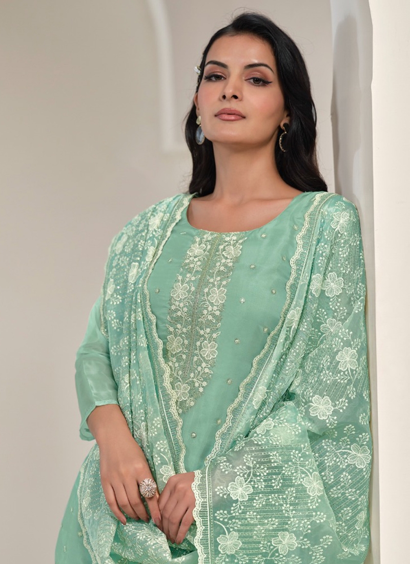 Gorgeous pant suit set with heavy embroidery in light green