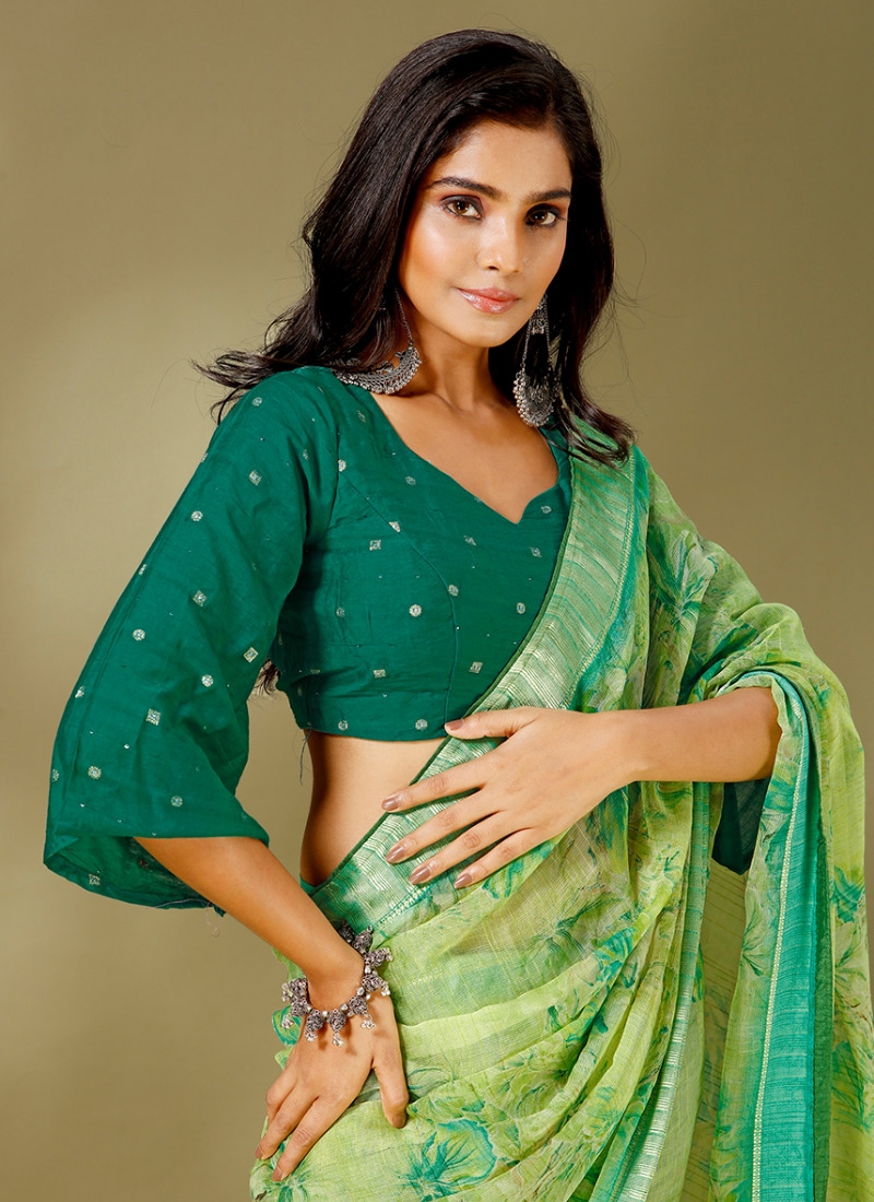 Designer floral printed casual saree in green