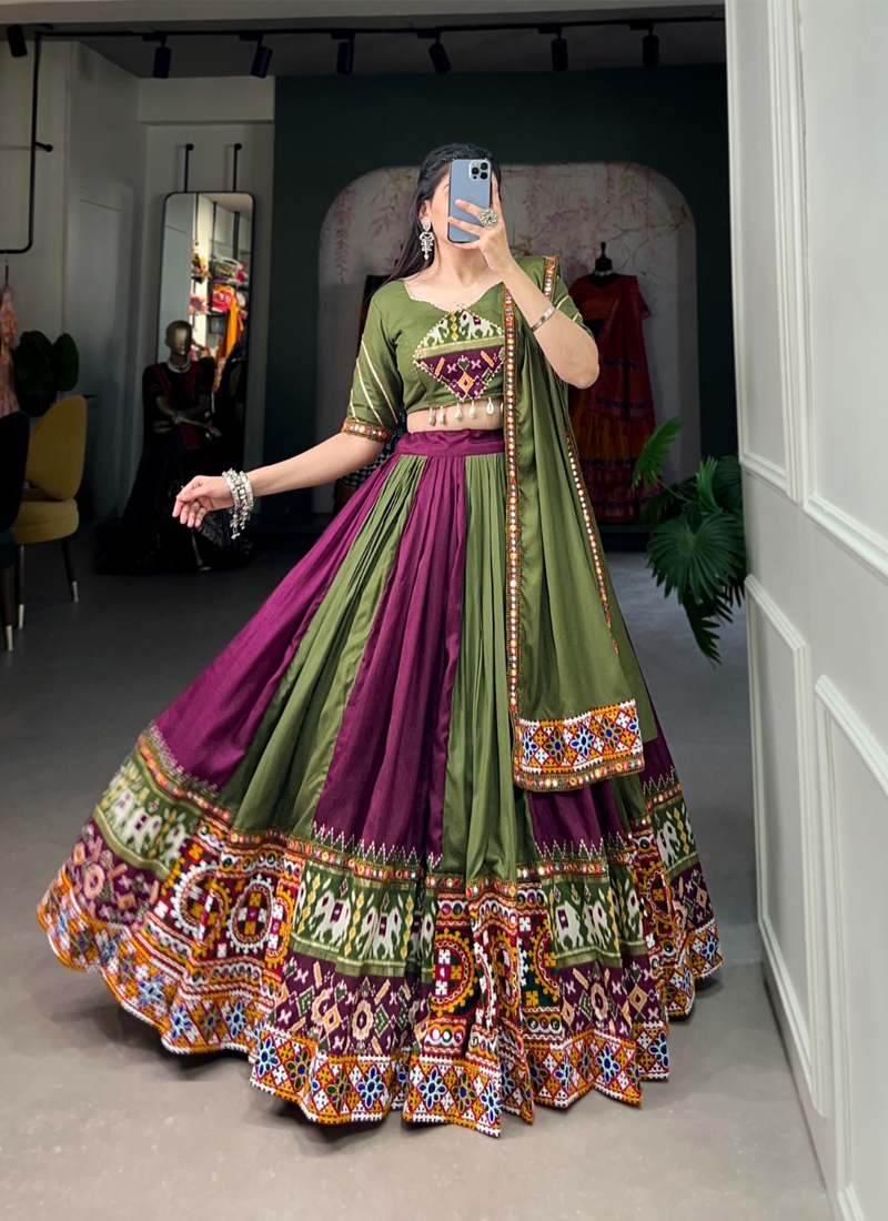 Navratri special lehenga with real mirror work in green