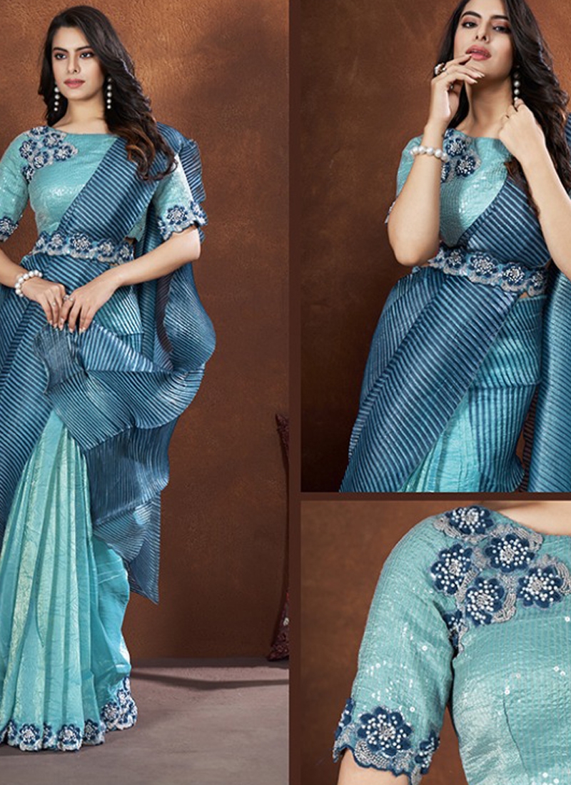 Stunning thread and sequins embroidered banarasi silk saree sky blue