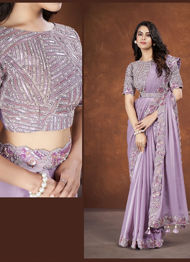 Stunning thread and sequins embroidered banarasi silk saree in lavender