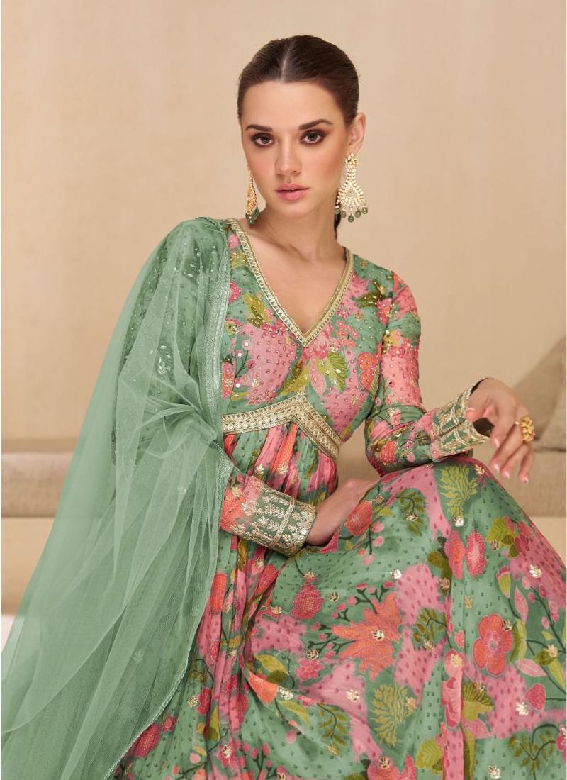 Trendy georgette anarkali kurta set with heavy embroidery in green